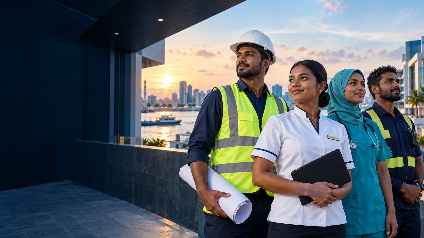 A diverse team of skilled professionals overlooking a modern island city