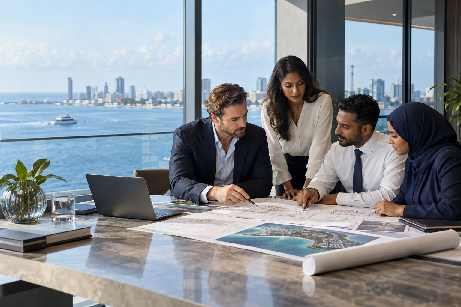 International investors and Maldivian professionals reviewing business and development plans