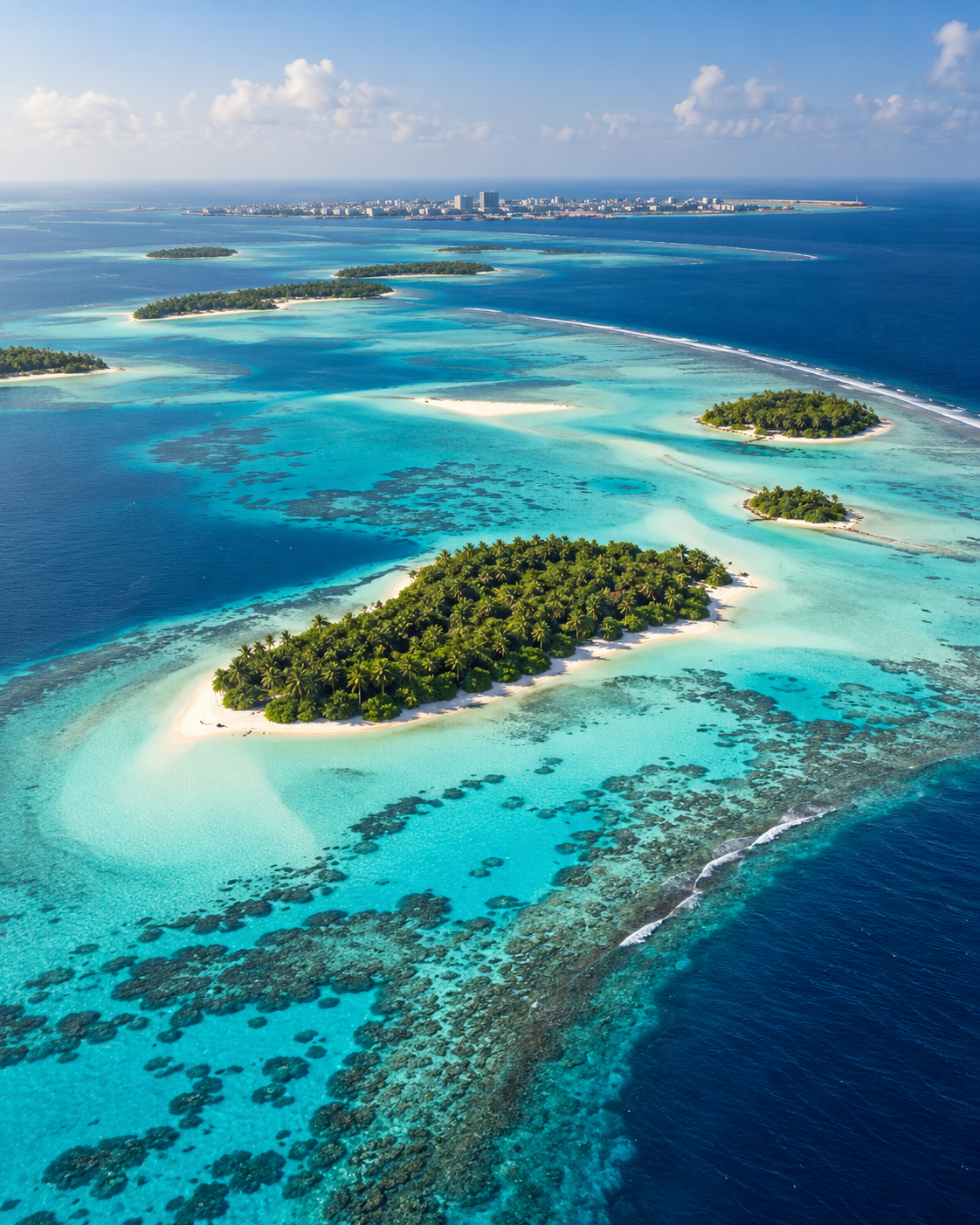 Aerial view of turquoise lagoons, coral reefs and islands in the Maldives