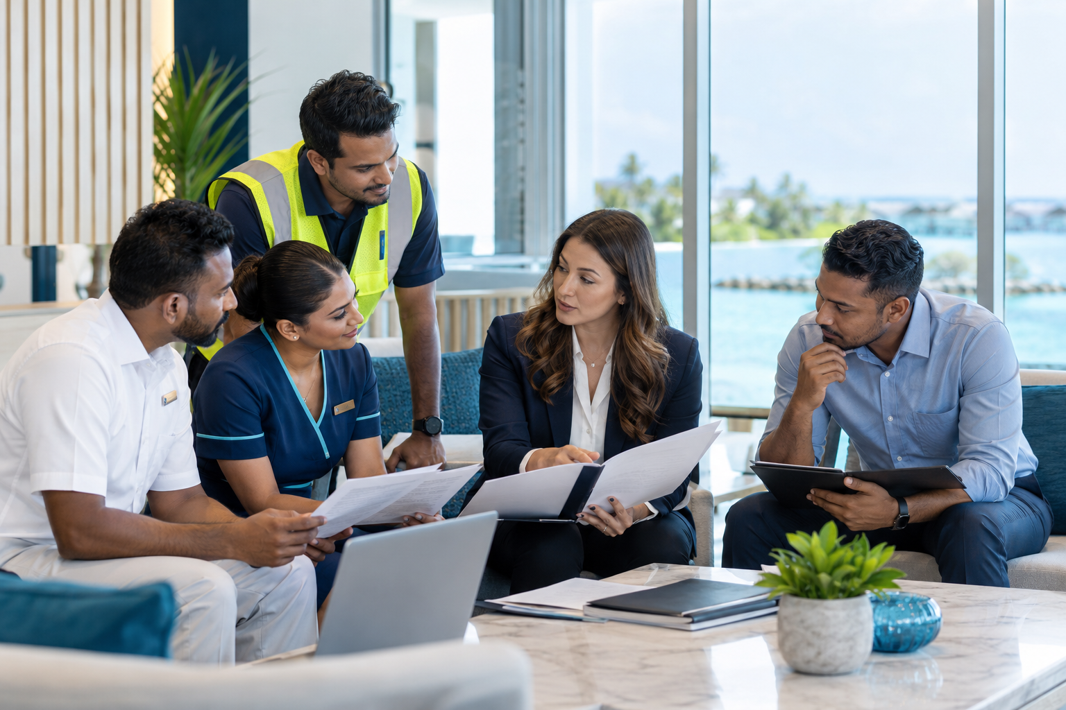 A recruiter reviewing candidate documents with professionals from different industries