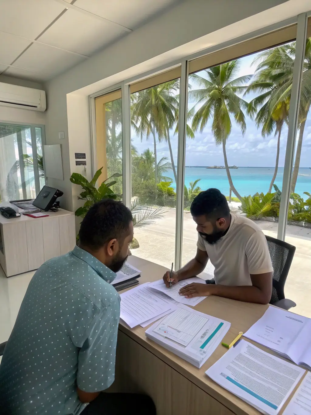 A photograph of an Expoline expatriate management specialist assisting a newly arrived expatriate worker with their onboarding process in the Maldives.