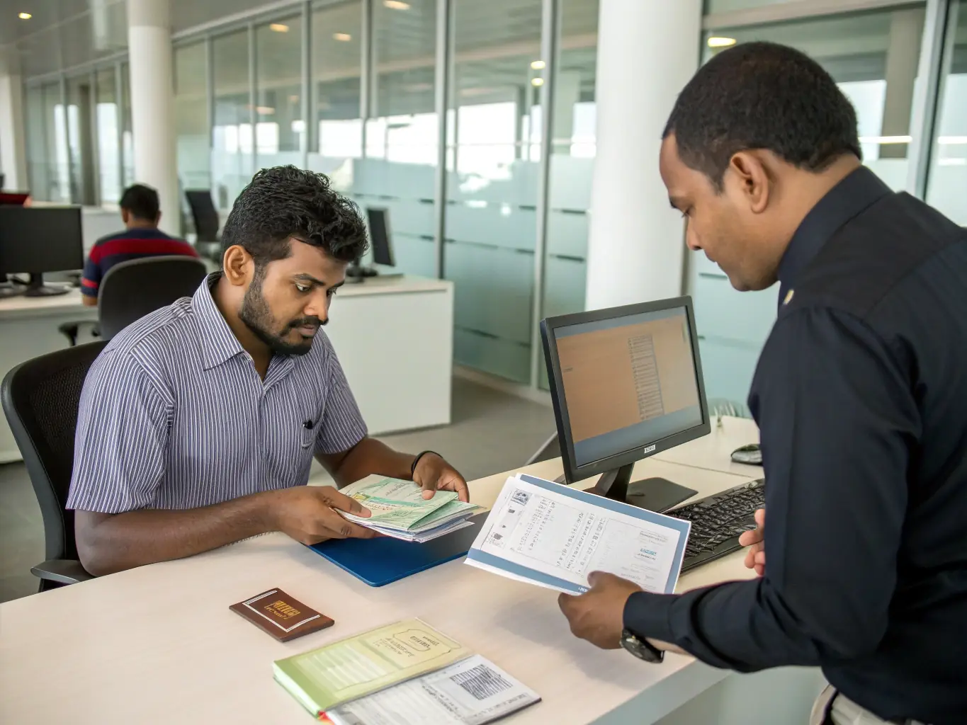 A photograph of an expatriate employee receiving assistance with visa and work permit documentation from Expoline's expatriate management team in Male', Maldives.