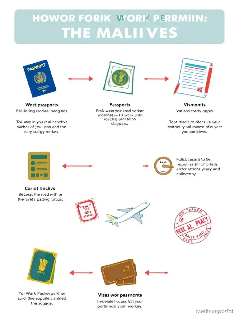 A clear and concise infographic illustrating the steps involved in obtaining work permits and visas for foreign workers in the Maldives.