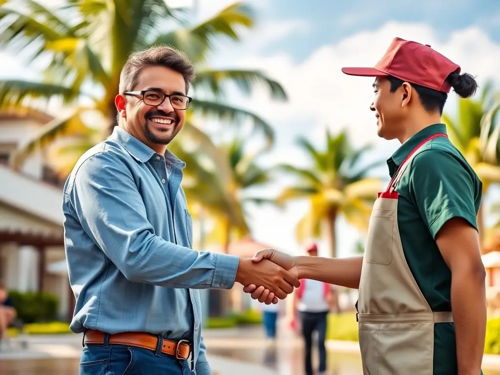 A photo of a smiling expatriate worker being greeted by a local employee in a Maldivian resort, symbolizing a smooth onboarding process.