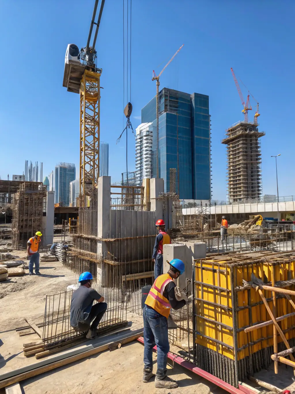 A construction site in the Maldives with workers wearing safety gear, showcasing Expoline's involvement in providing manpower for the construction sector.
