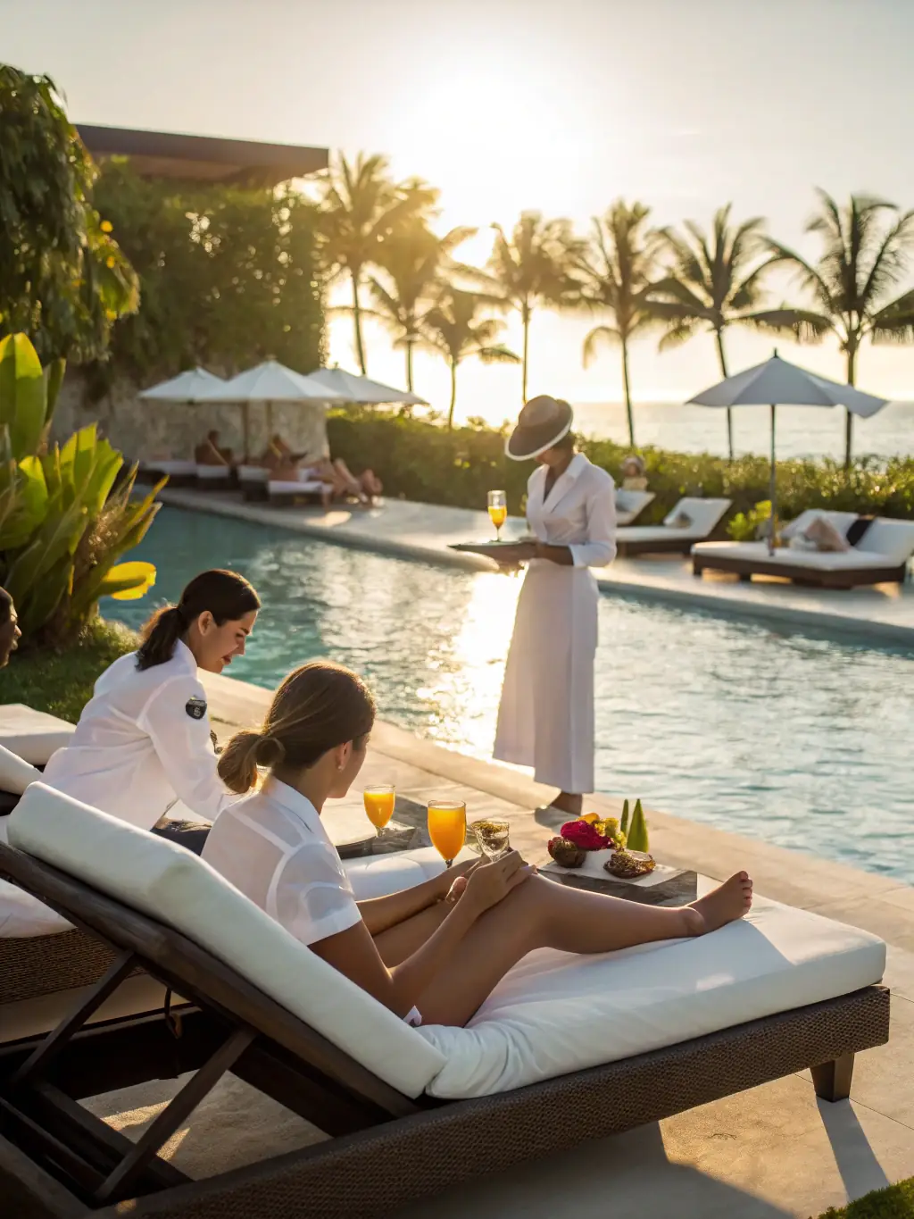 A luxury resort in the Maldives with staff attending to guests, representing Expoline's recruitment services for the hospitality industry.