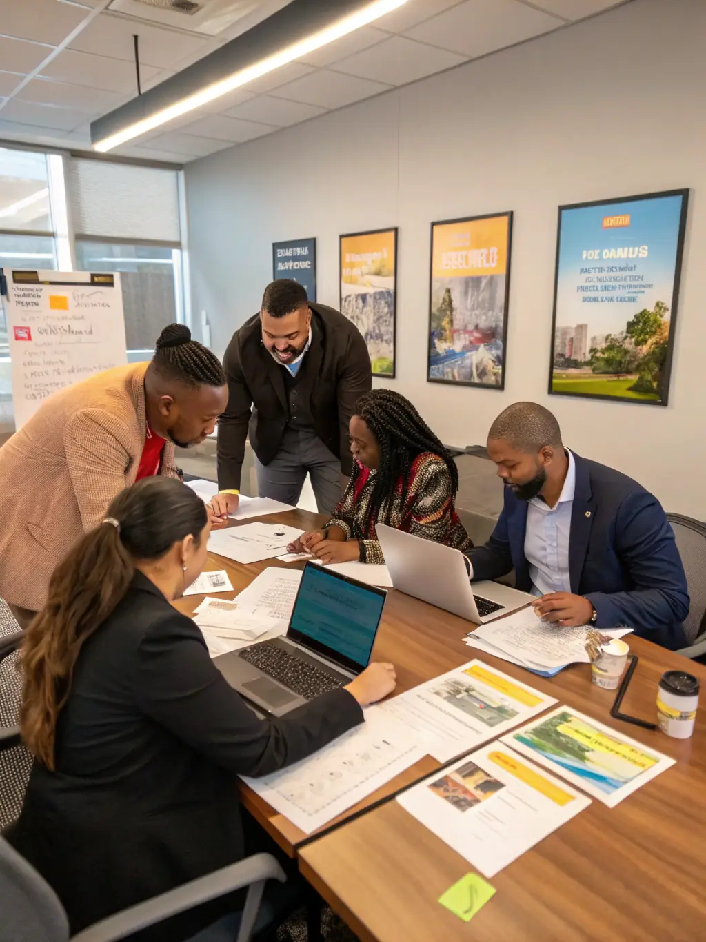 A professional photograph of a diverse team of Expoline recruiters collaborating in a modern office setting, symbolizing their commitment to finding the best talent.