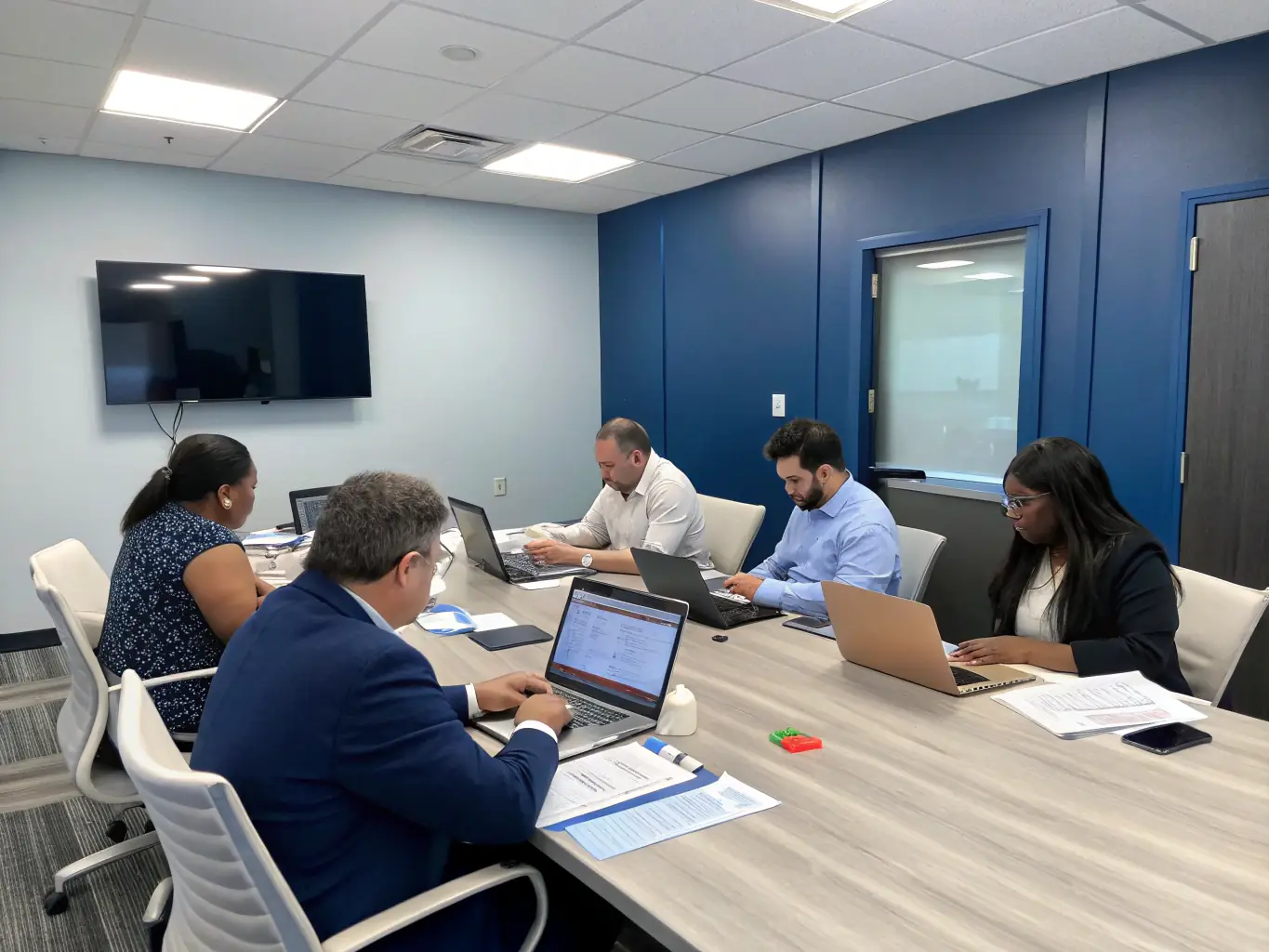 An image of HR professionals conducting an onboarding session for expatriate employees in a modern office setting in the Maldives.
