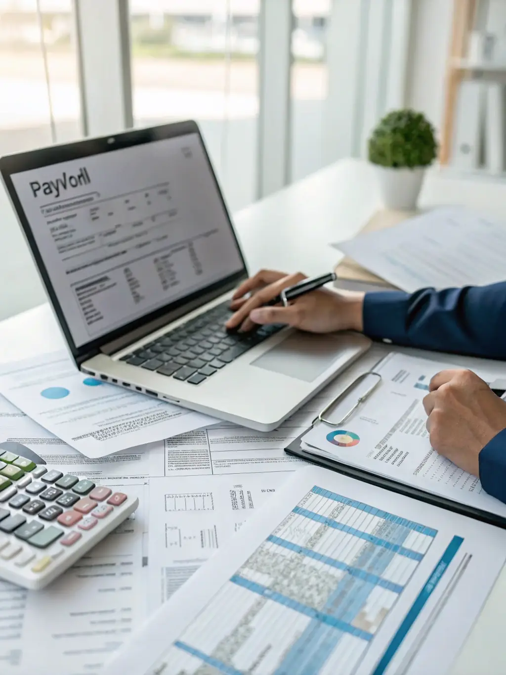 A professional photograph of a payroll specialist meticulously processing employee salaries, showcasing attention to detail and accuracy in financial management.