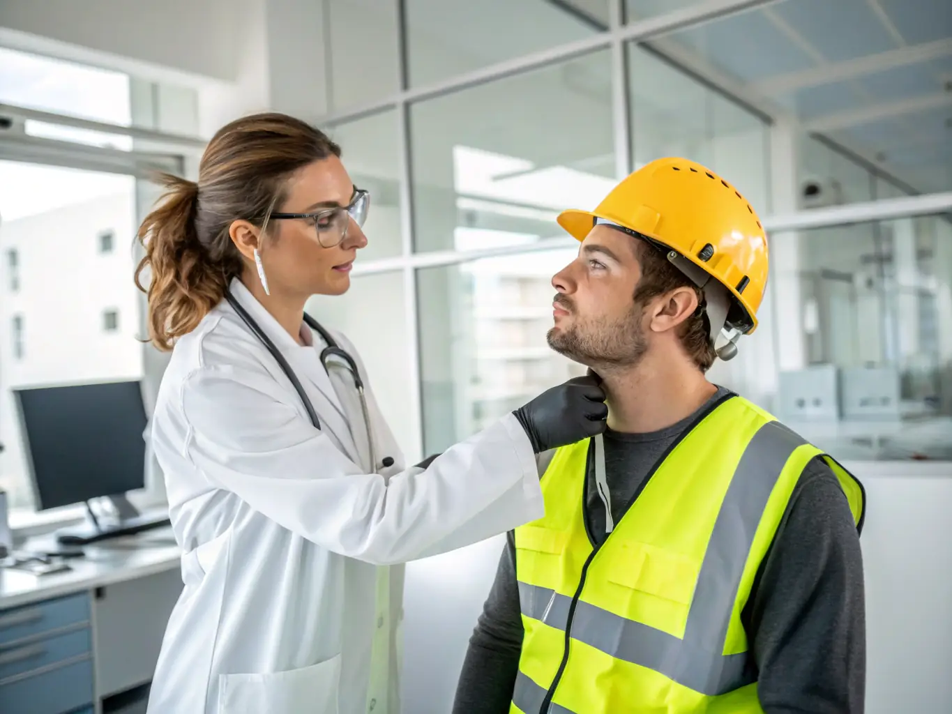 A stock photo of a doctor giving a medical checkup to an Asian worker, symbolizing medical checkups.