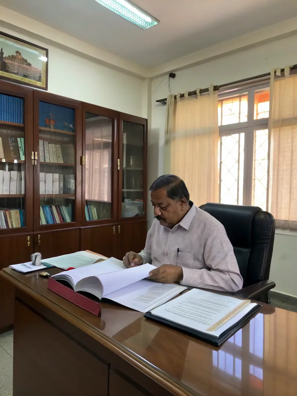 An image of a government official reviewing compliance documents, emphasizing the importance of adhering to legal and regulatory standards.