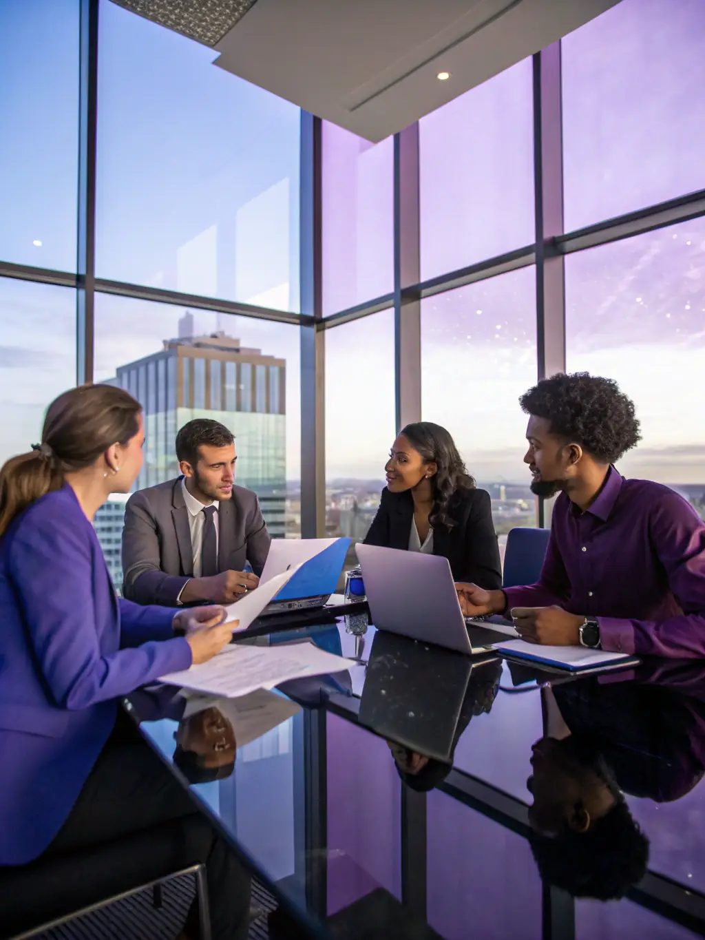 A diverse team of recruiters collaborating on candidate profiles, showcasing a range of skills and backgrounds.