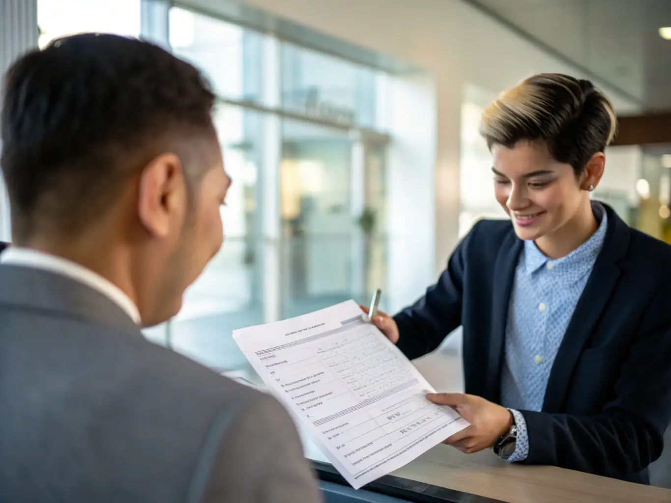 A professional photo of a Maldivian immigration officer reviewing documents with an expatriate worker in a modern office setting, symbolizing efficient work permit processing.