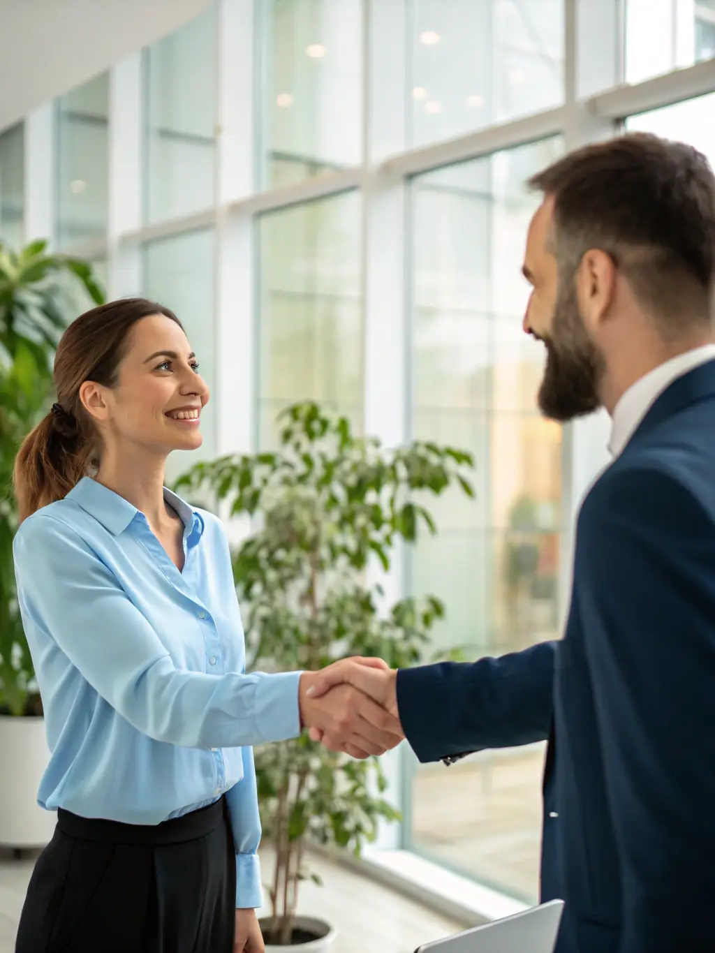 A professional recruiter shaking hands with a client, symbolizing a successful partnership and trust in recruitment services.